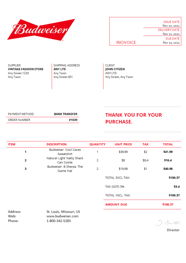 USA Budweiser invoice PSD template